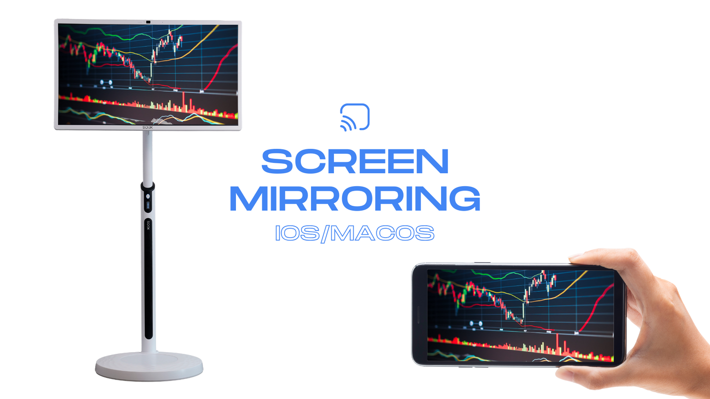 Screen mirroring feature for iOS/macOS devices, demonstrating real-time display of financial charts and data from a smartphone to a large smart screen for enhanced visibility and convenience.